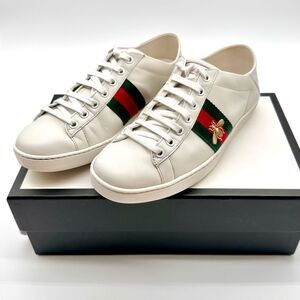 Gucci Ace Sneakers Bee Embroidered White Leather Collapsible Heel EU 38 US 8